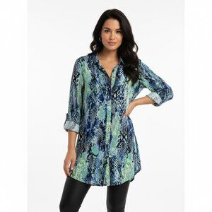 Blue and Green Snakeskin Sheer Button Front Tunic